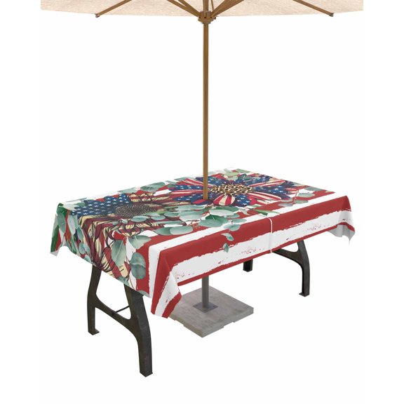 Outdoor Tablecloth with Umbrella Hole for Patio/Picnic/Party/Camping, 4th of July Waterproof Table Cloth Rectangle Table Cover Washable, Red Striped Independence Day Star Botanical 52"x 70"