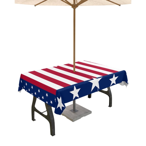 Outdoor Tablecloth with Umbrella Hole for Patio/Picnic/Party/Camping, 4th of July Waterproof Table Cloth Rectangle Table Cover Washable, Red White Stripes Star Blue Independence Day 60"x 84"