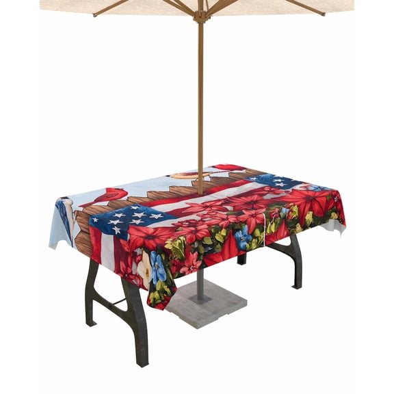 Outdoor Tablecloth with Umbrella Hole for Patio/Picnic/Party/Camping, 4th of July Waterproof Table Cloth Rectangle Table Cover Washable, Star Stripe Vintage Red Blue Patriotic Flower 60"x 120"