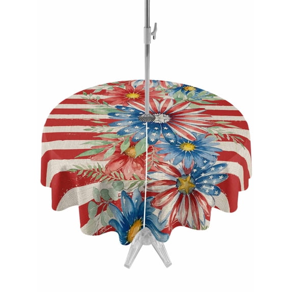 Outdoor Tablecloth with Umbrella Hole for Patio/Picnic/Party/Camping, 4th of July Waterproof Table Cloth Round Cover Washable, Daisy Botanical Leaves Red Striped Independence (Dia 60")