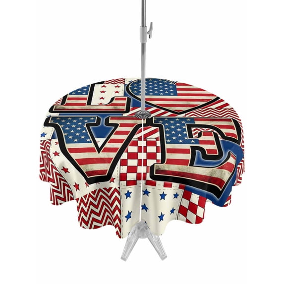 Outdoor Tablecloth with Umbrella Hole for Patio/Picnic/Party/Camping, 4th of July Waterproof Table Cloth Round Cover Washable, Independence Day American Patriotic Red Blue (Dia 60")