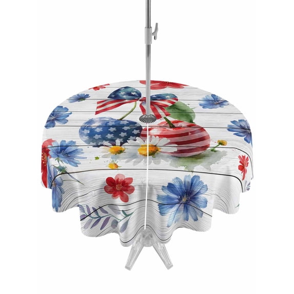 Outdoor Tablecloth with Umbrella Hole for Patio/Picnic/Party/Camping, 4th of July Waterproof Table Cloth Round Cover Washable, Independence Day Floral Blue Red Botanical (Dia 54")