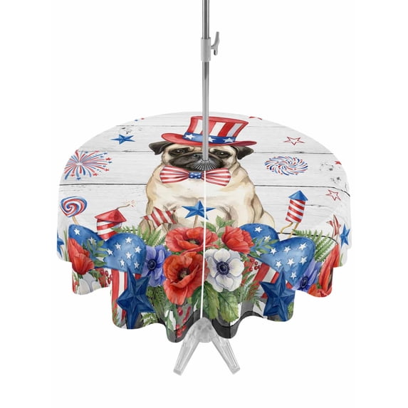 Outdoor Tablecloth with Umbrella Hole for Patio/Picnic/Party/Camping, 4th of July Waterproof Table Cloth Round Cover Washable, Independence Day Patriotic Flowers Dogs Grey (Dia 60")