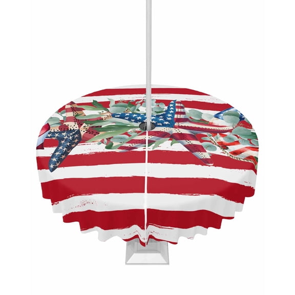 Outdoor Tablecloth with Umbrella Hole for Patio/Picnic/Party/Camping, 4th of July Waterproof Table Cloth Round Cover Washable, Independence Day Star Botanical Red Striped Dia 60"