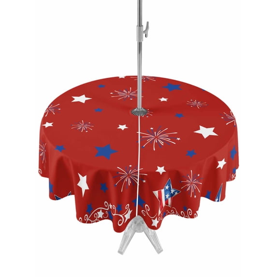 Outdoor Tablecloth with Umbrella Hole for Patio/Picnic/Party/Camping, 4th of July Waterproof Table Cloth Round Cover Washable, Red Independence Day Star Blue (Dia 60")