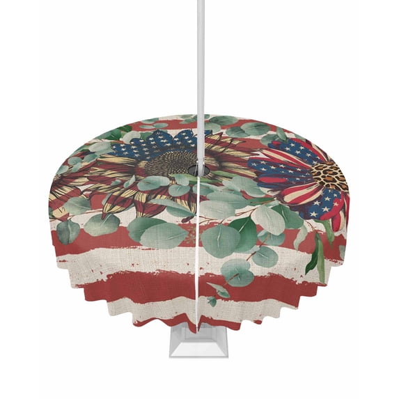 Outdoor Tablecloth with Umbrella Hole for Patio/Picnic/Party/Camping, 4th of July Waterproof Table Cloth Round Cover Washable, Red Striped Independence Day Star Botanical Rustic Dia 60"