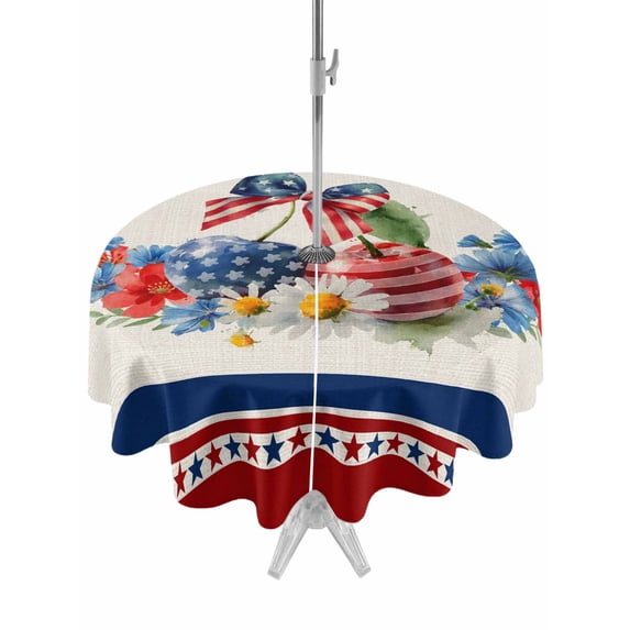 Outdoor Tablecloth with Umbrella Hole for Patio/Picnic/Party/Camping, 4th of July Waterproof Table Cloth Round Cover Washable, Rustic Floral Blue Red Independence Day (Dia 54")