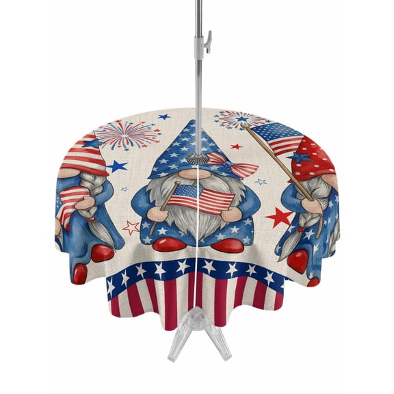 Outdoor Tablecloth with Umbrella Hole for Patio/Picnic/Party/Camping, 4th of July Waterproof Table Cloth Round Cover Washable, USA Flag Gnomes Independence Day Rustic (Dia 60")