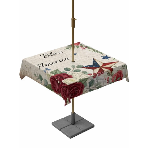 Outdoor Tablecloth with Umbrella Hole for Patio/Picnic/Party/Camping, 4th of July Waterproof Table Cloth Square Cover Washable, Independence Day American Star Floral Vintage (60"x 60")