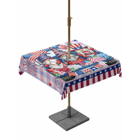 Outdoor Tablecloth with Umbrella Hole for Patio/Picnic/Party/Camping, 4th of July Waterproof Table Cloth Square Cover Washable, Independence Day Blue Red Plaid Gnomes (60"x 60")