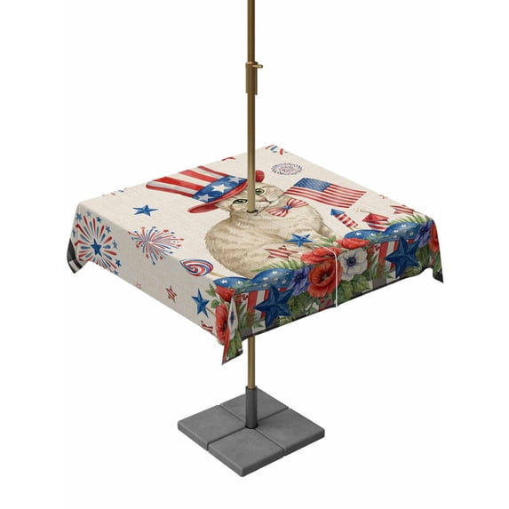 Outdoor Tablecloth with Umbrella Hole for Patio/Picnic/Party/Camping, 4th of July Waterproof Table Cloth Square Cover Washable, Independence Day Patriotic Flowers Cat Beige (60"x 60")