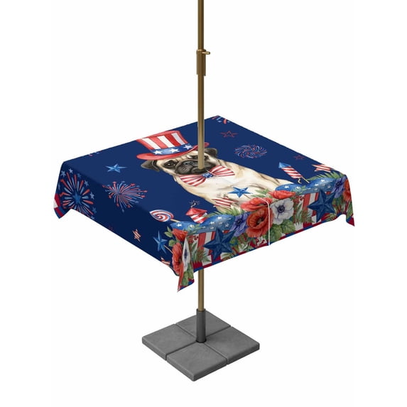 Outdoor Tablecloth with Umbrella Hole for Patio/Picnic/Party/Camping, 4th of July Waterproof Table Cloth Square Cover Washable, Independence Day Patriotic Flowers Dogs Blue (60"x 60")