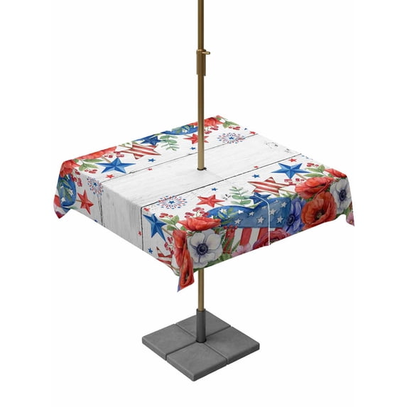 Outdoor Tablecloth with Umbrella Hole for Patio/Picnic/Party/Camping, 4th of July Waterproof Table Cloth Square Cover Washable, Red Blue Independence Day Floral Star Vintage (54"x 54")