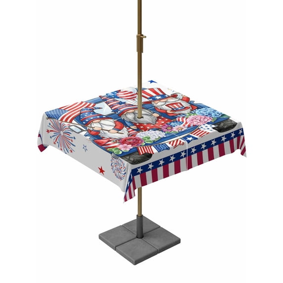 Outdoor Tablecloth with Umbrella Hole for Patio/Picnic/Party/Camping, 4th of July Waterproof Table Cloth Square Cover Washable, USA Flag Firework Independence Day Gnomes (54"x 54")