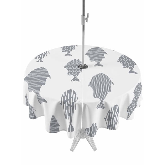 Outdoor Tablecloth with Umbrella Hole for Patio/Picnic/Party/Camping, Abstract Art Fish Grey Waterproof Table Cloth Round Cover Washable, Coastal Ocean Summer (Dia 54")