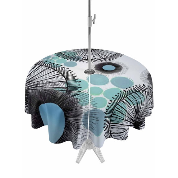 Outdoor Tablecloth with Umbrella Hole for Patio/Picnic/Party/Camping, Abstract Boho Waterproof Table Cloth Round Cover Washable, Flowers Blue Polka Dots Grey Wood Plank (Dia 54")
