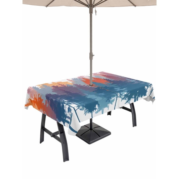 Outdoor Tablecloth with Umbrella Hole for Patio/Picnic/Party/Camping, Abstract Forest Silhouette Waterproof Table Cloth Rectangle Table Cover Washable, Bohemia Forest Trees Watercolor (60"x 102")
