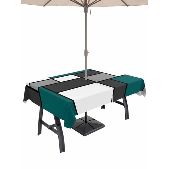 Outdoor Tablecloth with Umbrella Hole for Patio/Picnic/Party/Camping, Abstract Green Grey Waterproof Table Cloth Rectangle Table Cover Washable, Modern Geometric Color Blocks (52"x 70")
