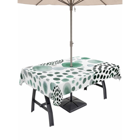 Outdoor Tablecloth with Umbrella Hole for Patio/Picnic/Party/Camping, Abstract Green Ink Dots Waterproof Table Cloth Rectangle Table Cover Washable, Boho Minimalist Middle Century Art (52"x 70")
