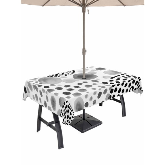 Outdoor Tablecloth with Umbrella Hole for Patio/Picnic/Party/Camping, Abstract Ink Dots Waterproof Table Cloth Rectangle Table Cover Washable, Boho Minimalist Middle Century Art (60"x 120")
