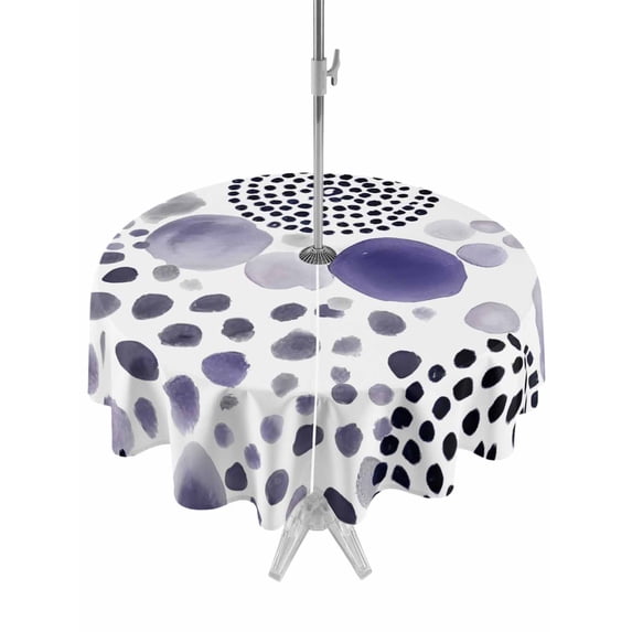 Outdoor Tablecloth with Umbrella Hole for Patio/Picnic/Party/Camping, Abstract Purple Ink Dots Waterproof Table Cloth Round Cover Washable, Boho Minimalist Middle Century Art (Dia 54")
