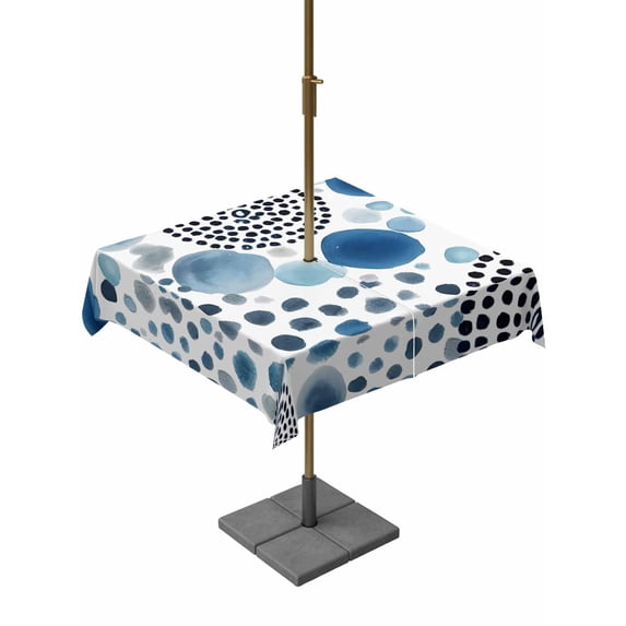 Outdoor Tablecloth with Umbrella Hole for Patio/Picnic/Party/Camping, Abstract Sky Blue Ink Dots Waterproof Table Cloth Square Cover Washable, Boho Minimalist Middle Century (60"x 60")