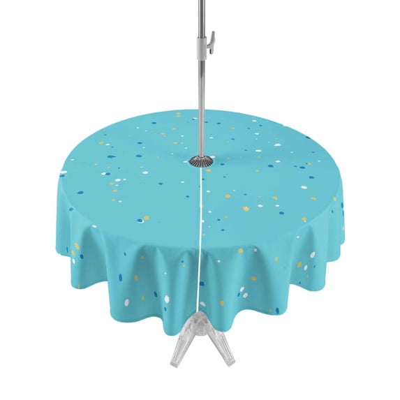 Outdoor Tablecloth with Umbrella Hole for Patio/Picnic/Party/Camping, Abstract Starry Sky Waterproof Table Cloth Round Cover Washable, Boho Cyan Modern Minimalist Art (Dia 54")
