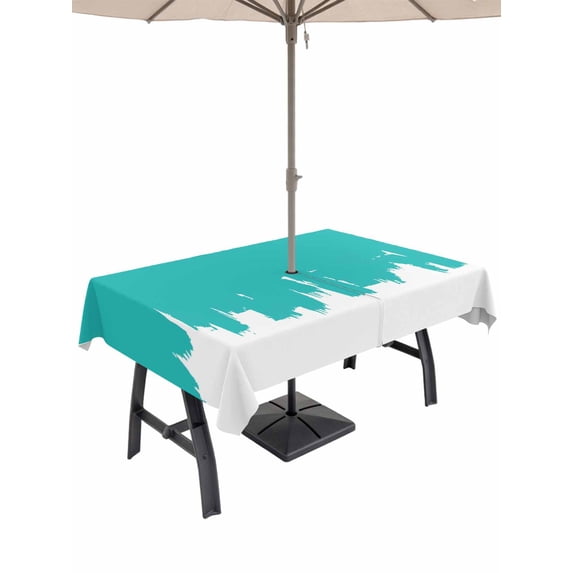 Outdoor Tablecloth with Umbrella Hole for Patio/Picnic/Party/Camping, Abstract Teal Waterproof Table Cloth Rectangle Table Cover Washable, Modern Minimalist Graffiti Artwork (60"x 84")