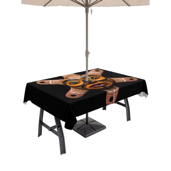 Outdoor Tablecloth with Umbrella Hole for Patio/Picnic/Party/Camping, Abstract Totem Waterproof Table Cloth Rectangle Table Cover Washable, Black Boho Tribal Antique Culture (52"x 70")