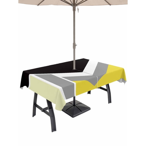 Outdoor Tablecloth with Umbrella Hole for Patio/Picnic/Party/Camping, Abstract Yellow Black Waterproof Table Cloth Rectangle Table Cover Washable, Modern Geometric Color Blocks (54"x 80")