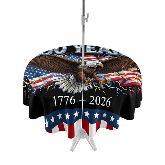 Outdoor Tablecloth with Umbrella Hole for Patio/Picnic/Party/Camping, American Flag 4th of July Waterproof Table Cloth Round Cover Washable, Independence Day Eagle USA Flag (Dia 60")