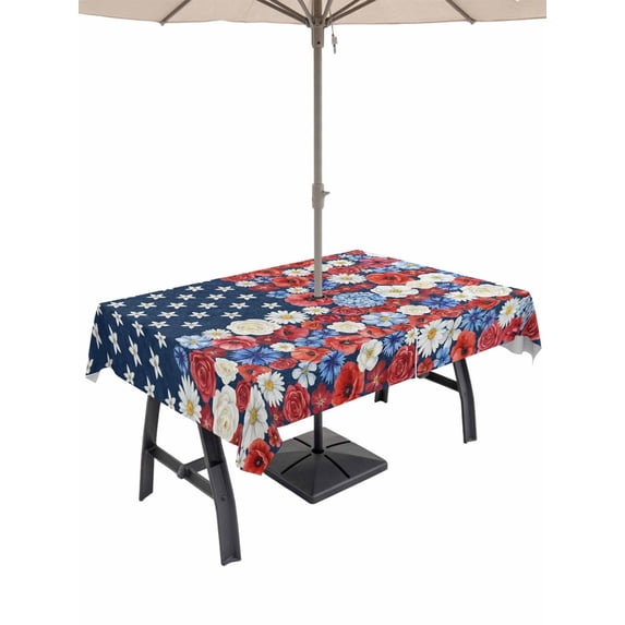 Outdoor Tablecloth with Umbrella Hole for Patio/Picnic/Party/Camping, American Flag Floral Waterproof Table Cloth Rectangle Table Cover Washable, Red Blue Poppy 4th Oh July (60"x 102")