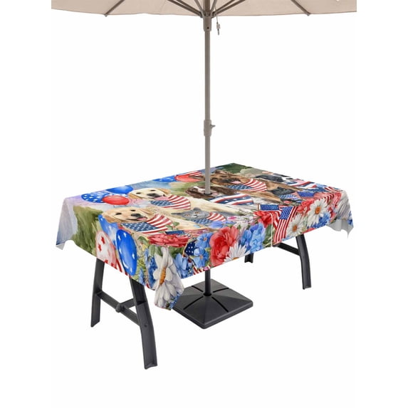 Outdoor Tablecloth with Umbrella Hole for Patio/Picnic/Party/Camping, American Flag Waterproof Table Cloth Rectangle Table Cover Washable, Forest Funny Dogs Red Blue Independence Day (60"x 84")
