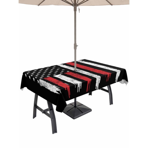 Outdoor Tablecloth with Umbrella Hole for Patio/Picnic/Party/Camping, American Independence Day Waterproof Table Cloth Rectangle Table Cover Washable, USA Star Stripes Flag Black Red (60"x 120")