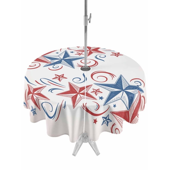 Outdoor Tablecloth with Umbrella Hole for Patio/Picnic/Party/Camping, American Star Modern Waterproof Table Cloth Round Cover Washable, Blue Red Patriotic 4th of July Ombre (Dia 54")