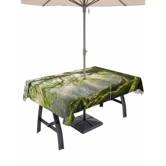Outdoor Tablecloth with Umbrella Hole for Patio/Picnic/Party/Camping, Ancient Tree Waterproof Table Cloth Rectangle Table Cover Washable, Zen Mystical Green Lush Forest Nature (60"x 120")