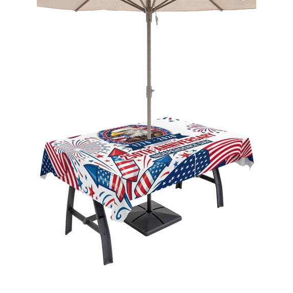 Outdoor Tablecloth with Umbrella Hole for Patio/Picnic/Party/Camping, Anniversary USA Flag Waterproof Table Cloth Rectangle Table Cover Washable, Eagle American Fireworks (60"x 102")