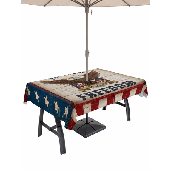 Outdoor Tablecloth with Umbrella Hole for Patio/Picnic/Party/Camping, Anniversary USA Flag Waterproof Table Cloth Rectangle Table Cover Washable, Eagle Blue Red Vintage (60"x 120")