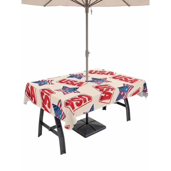 Outdoor Tablecloth with Umbrella Hole for Patio/Picnic/Party/Camping, Anniversary Waterproof Table Cloth Rectangle Table Cover Washable, 4th of July America Freedom Veteran Day (54"x 80")