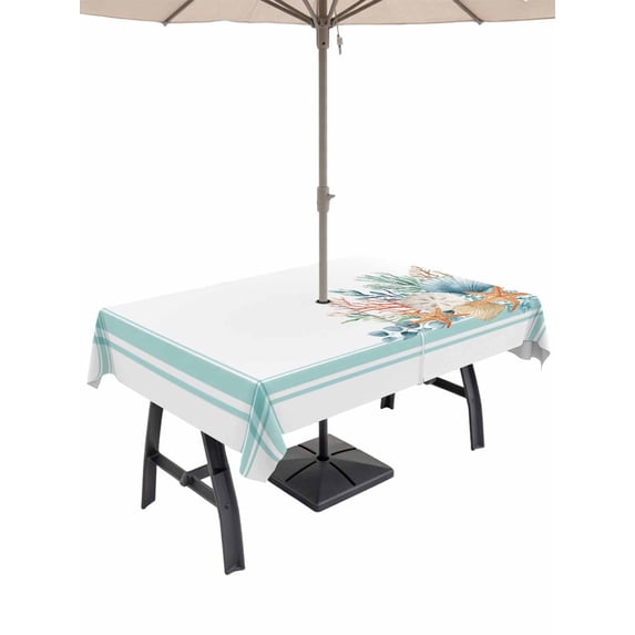 Outdoor Tablecloth with Umbrella Hole for Patio/Picnic/Party/Camping, Aqua Coastal Waterproof Table Cloth Rectangle Table Cover Washable, Nautical Seashells Coral Leaves Stripes (60"x 84")
