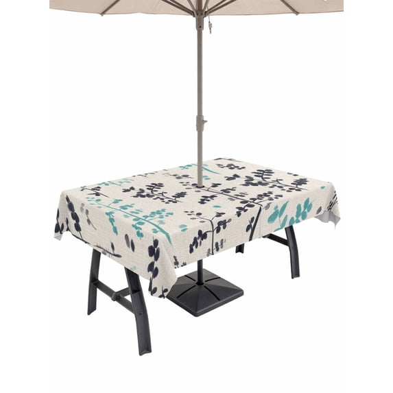 Outdoor Tablecloth with Umbrella Hole for Patio/Picnic/Party/Camping, Aqua Grey Botanical Waterproof Table Cloth Rectangle Table Cover Washable, Rustic Country Spring Floral Summer Leafv (60"x 120")
