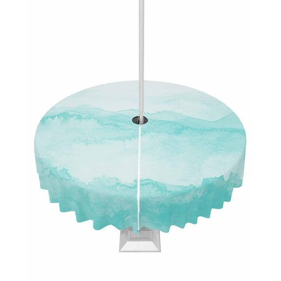Outdoor Tablecloth with Umbrella Hole for Patio/Picnic/Party/Camping, Aqua Ombre Mountain Waterproof Table Cloth Round Cover Washable, Nature Abstract Art Marble Gradient Dia 54"