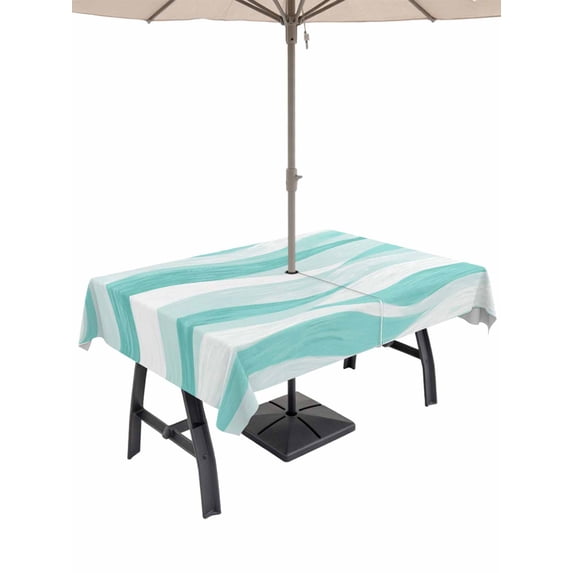 Outdoor Tablecloth with Umbrella Hole for Patio/Picnic/Party/Camping, Aqua Ombre Waterproof Table Cloth Rectangle Table Cover Washable, Modern Moire Abstract Art Aesthetics (52"x 70")