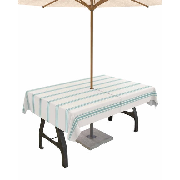 Outdoor Tablecloth with Umbrella Hole for Patio/Picnic/Party/Camping, Aqua Striped Waterproof Table Cloth Rectangle Table Cover Washable, Rustic Teal Stripe Modern Art Beige 52"x 70"