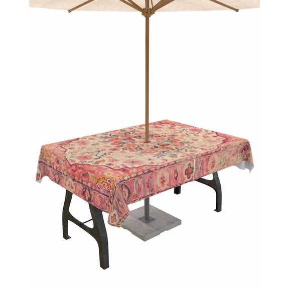 Outdoor Tablecloth with Umbrella Hole for Patio/Picnic/Party/Camping, Aztec Southwest Waterproof Table Cloth Rectangle Table Cover Washable, Orange Boho Ethnic Floral Geometric Art 52"x 70"