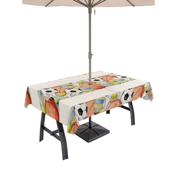 Outdoor Tablecloth with Umbrella Hole for Patio/Picnic/Party/Camping, Ball Sports Waterproof Table Cloth Rectangle Table Cover Washable, Rustic Football Basketball Sports (52"x 70")