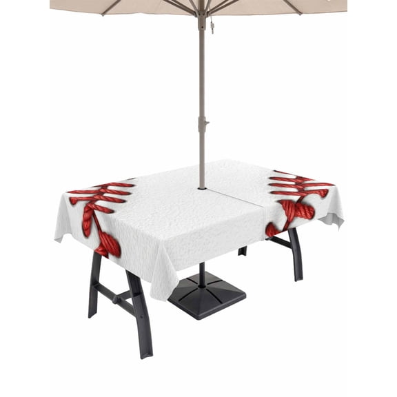 Outdoor Tablecloth with Umbrella Hole for Patio/Picnic/Party/Camping, Baseball Sport Waterproof Table Cloth Rectangle Table Cover Washable, Modern Abstract Stitching Red Lines (52"x 70")