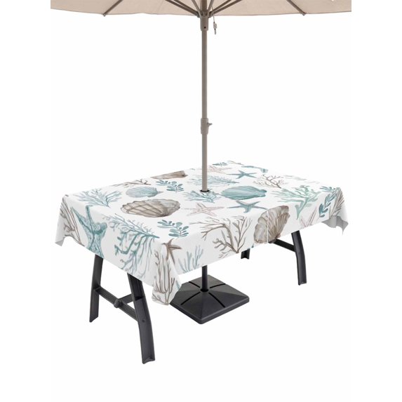 Outdoor Tablecloth with Umbrella Hole for Patio/Picnic/Party/Camping, Beach Coastal Waterproof Table Cloth Rectangle Table Cover Washable, Ocean Nautical Starfish Coral Seashells (60"x 84")