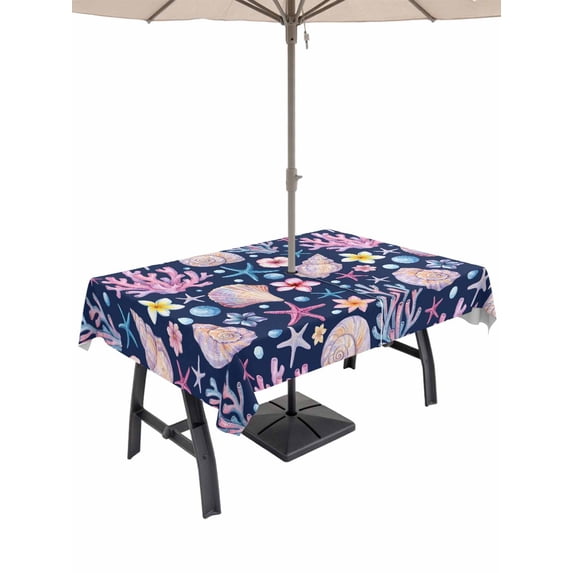 Outdoor Tablecloth with Umbrella Hole for Patio/Picnic/Party/Camping, Beach Coastal Waterproof Table Cloth Rectangle Table Cover Washable, Summer Nautical Shell Starfish Coral Blue (60"x 84")