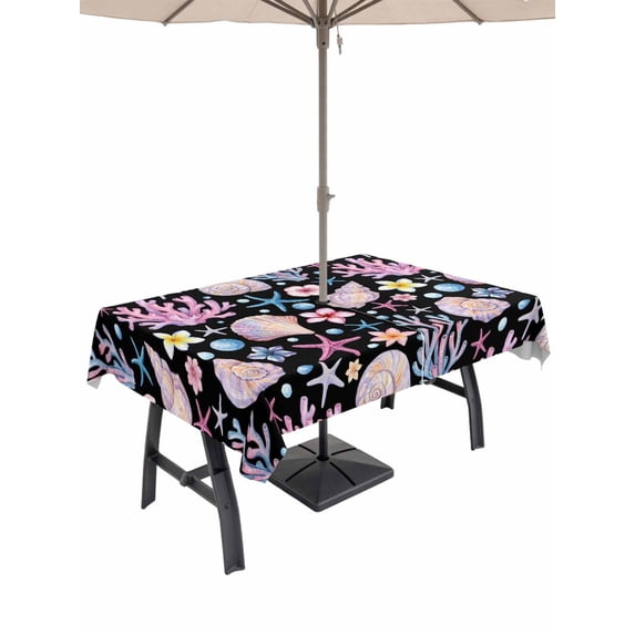 Outdoor Tablecloth with Umbrella Hole for Patio/Picnic/Party/Camping, Beach Coastal Waterproof Table Cloth Rectangle Table Cover Washable, Summer Nautical Shell Starfish Coral Black (60"x 102")